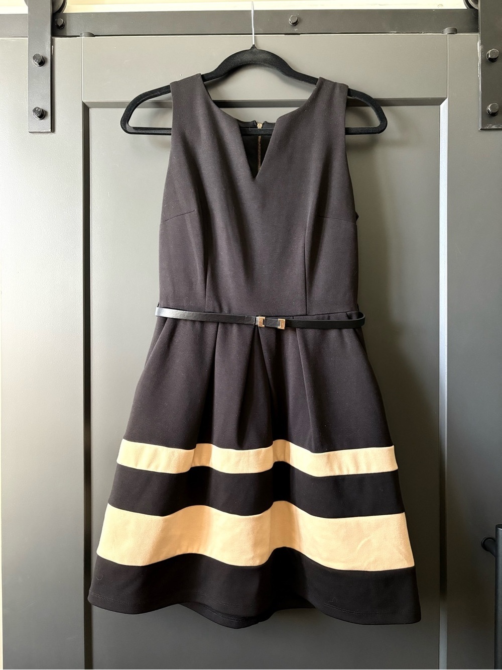 Iz Byer Black Midi Dress with Beige Stripes and Removable Belt